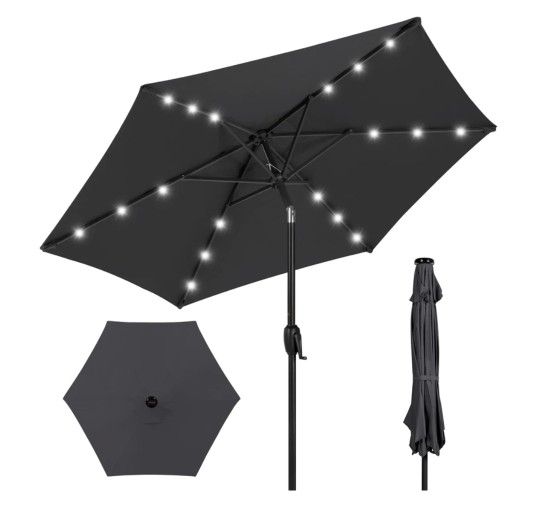 Outdoor Solar Patio Umbrella w/ Push Button Tilt, Crank Lift - 7.5ft