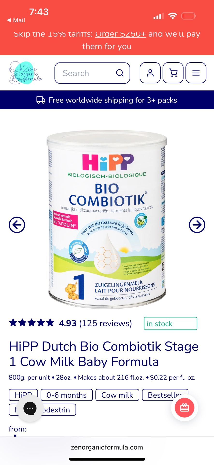 HiPP Dutch Bio Combiotik Stage 1 Cow Milk Baby - Brand New