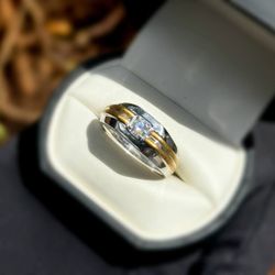 Jewelry 18k solid yellow white two tone gold ring CZ stone 0.36 size 10.50