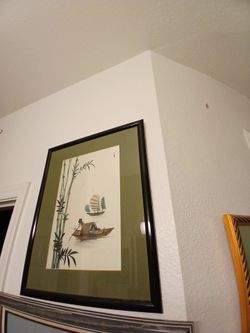 Framed Silk Chinese Junk Fishing Boat Bamboo Tree