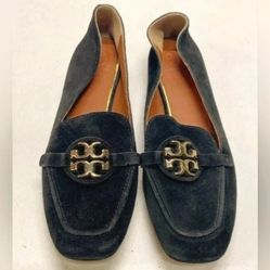 Tory Burch Metal Miller Black Suede Leather Penny Loafers Black 7.5