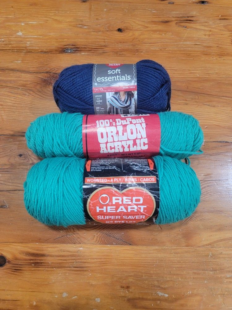 Lot of 3 Skeins Green & Blue Yarn ~ Red Heart & DuPont Yarns ~ Weights 4 & 5