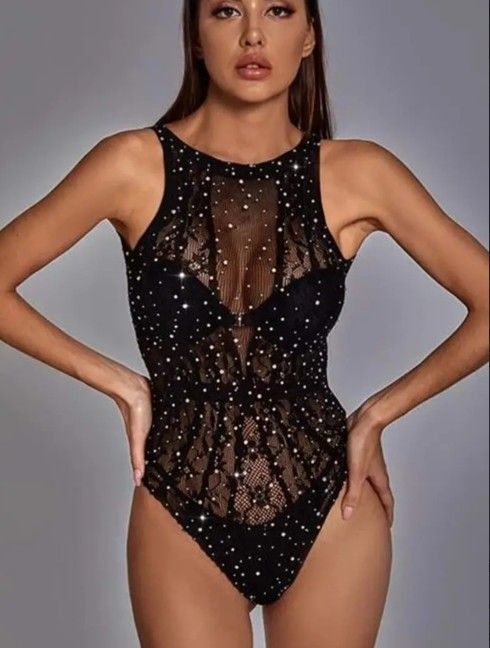 Rhinestone Studded Teddy Bodysuit. One size