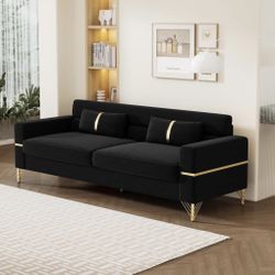 86'' Velvet Sofa, Modern Couch with 2 Lumbar Pillows & Gold Plated Feet