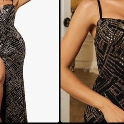 Formal V Neck Straps Maxi Prom Split Dress, Sequin Sleeveless