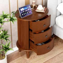 Set of 2 - Walnut Wooden Rounded Nightstands w/ 3 Drawers & USB Charger [NEW] **No Assembly Req