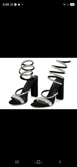 Black Rhinestone Spiral Ankle Wrap Block Heels