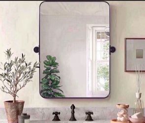 MOON MIRROR 24"x36" Matte Black Pivot Mirror for Bathroom, Metal Frame Bathroom Mirrors for Wall，Rectangle Titling Vanity Wall Mirror with Rounded Cor