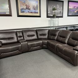 Brown Leather Sofa Sectional w/ Power Motion Recliners 