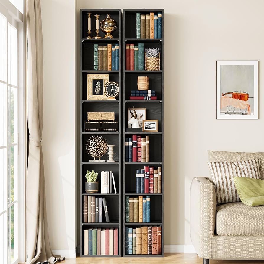 Tall Narrow Bookshelf 8 Tiers 71in Set of 2, Compact Corner Bookcase, Easy to Match for Living Room, Office, Study, Bedroom