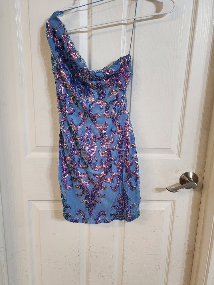 Formal short junior prom dress sequin blue and gold