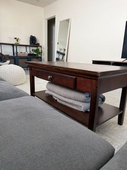 Dark Wood Coffee Table with Drawer and Shelf