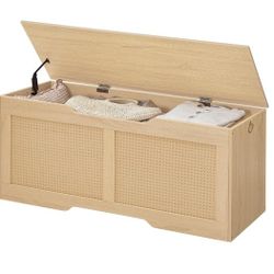 HOOBRO Storage Bench, 43.3" Toy Box, Rattan-Like Storage Chest, Sturdy Entryway Bench Supports 220 lb, Toy Chest, Safety Hinge, U-Shaped Opening, Easy