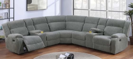Brand New Grey Super Plush Corduroy Reclining Sectional Sofa