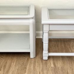 2 SOLID WOOD & GLASS END TABLES