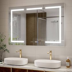 48" W×32" H LED Smart Medicine Cabinet, Bathroom Mirror Cabinet with Lights,Clock & Temperature Display, Dimmable LED Lighting, USB Charging, Defog, S