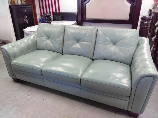 Blue Cindy Crawford genuine real marcella spa leather sofa couch