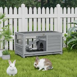 Rabbit Hutch Indoor/Outdoor with Wheels, 2 Story Wooden Bunny Cage Leak-Proof Trays & Easy Feed Support Rod, Large Guinea Pig House with Ramp, Pet Hab
