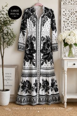 Boutique Black White Floral Maxi Shirt Dress L XL Modest Statement Boho Chic