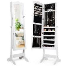 White with Stand Mirrored Lockable Jewelry Armoire Cabinet Storage 
