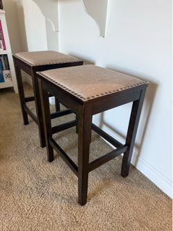2 Upholstered Dark Wood Bar Stools