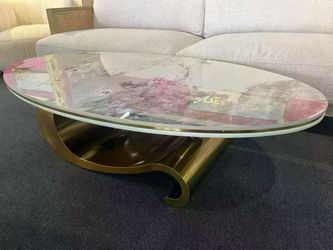 Oval Sintered Stone Coffee Table Gold Base，$380