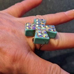 Adjustable Cross Ring, Made Of Turquoise With Rhinestones 