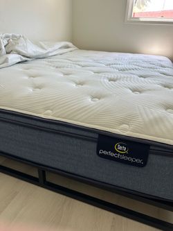 Full size bed frame, Serta mattress and cover