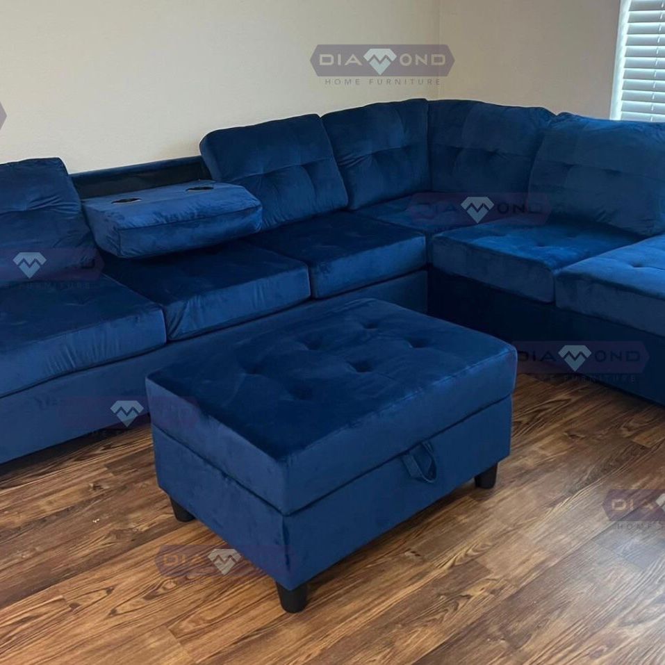 HEIGHTS BLUE VELVET SECTIONAL W/ OTTOMAN 