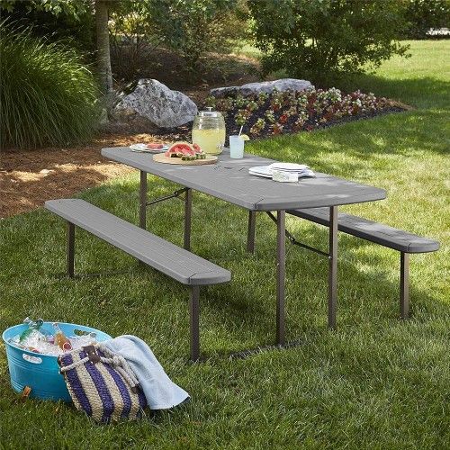 *Brand New* 6 ft. Folding Picnic Table, Dark Gray Wood Grain Resin with Gray Steel Legs