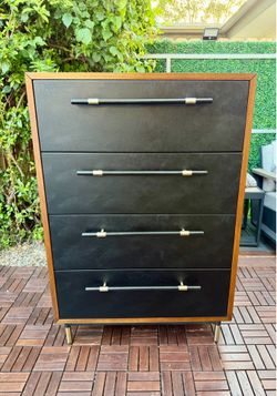 CB2 Oberlin 35" Black Vegan Leather And Wood 4-Drawer Tall Dresser