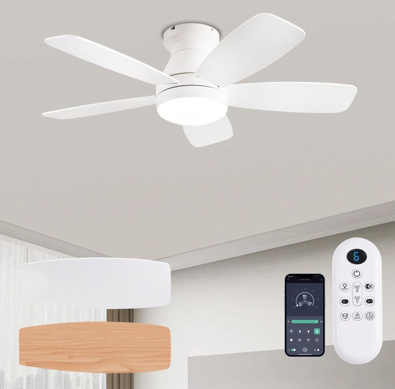 42” Low Profile Ceiling Fan w/ Light, Remote/App, Dimmable, White, Indoor/Outdoor