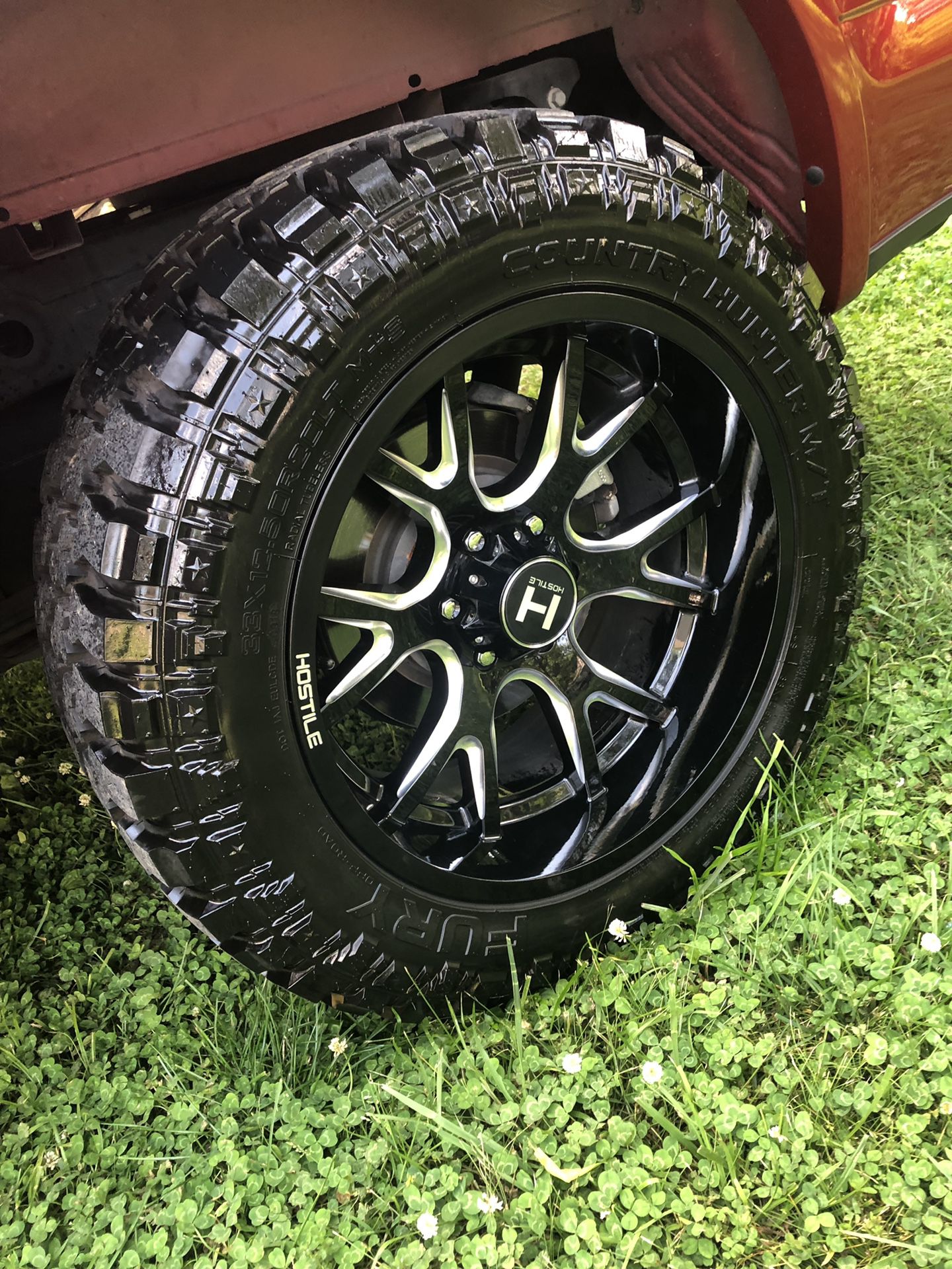 Off-road tire and wheel 6lugs. Tire brand- fury mud. Rims- hostel black and chrome