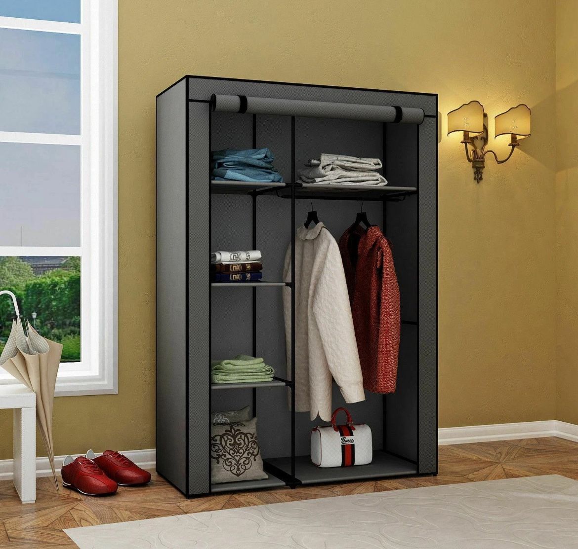 64" Portable Closet Storage Organizer Wardrobe Clothes Rack with Shelves grey 