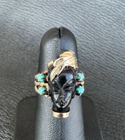 Ladies 14k yellow gold black onyx blue turquoise ring
