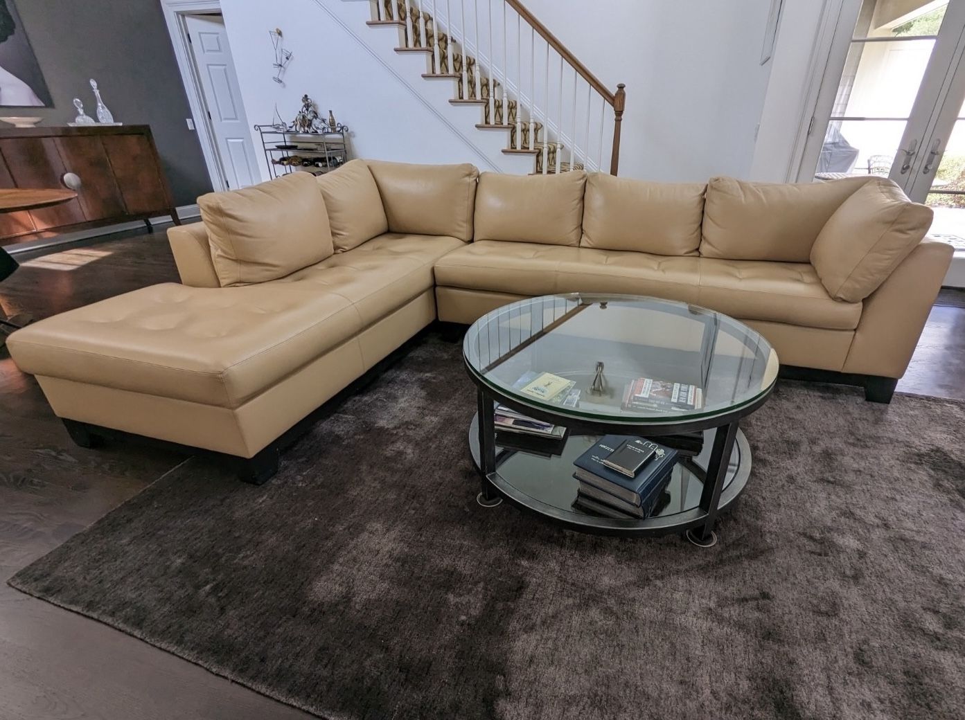 Bloomingdale’s Cream Beige Leather 125" by 90" 2pc Artisan Collection Sectional Sofa with LAF Chaise