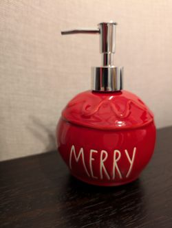 New,  Ceramic Christmas Ornament Rae Dunn Red MERRY Soap Dispenser 