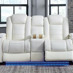 Party Time White Power Reclining Loveseat with Console

