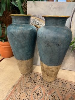 Pair of Large Teal and Gold Floor Vases - Retail: $750