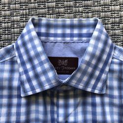 Hickey Freeman Blue Plaid Check Mens Dress Shirt Small