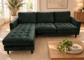 Green Velvet Sectional Sofa with Chaise