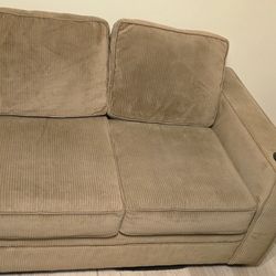 Tan Corduroy Loveseat with built-in cup holders