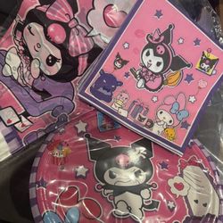 Kuromi Decorations Sanrio Hello Kitty Party Supplies Plates Napkins Tablecloth