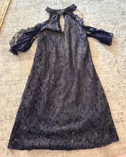 Francesca’s Navy Cold-Shoulder Dress With Gold Lace