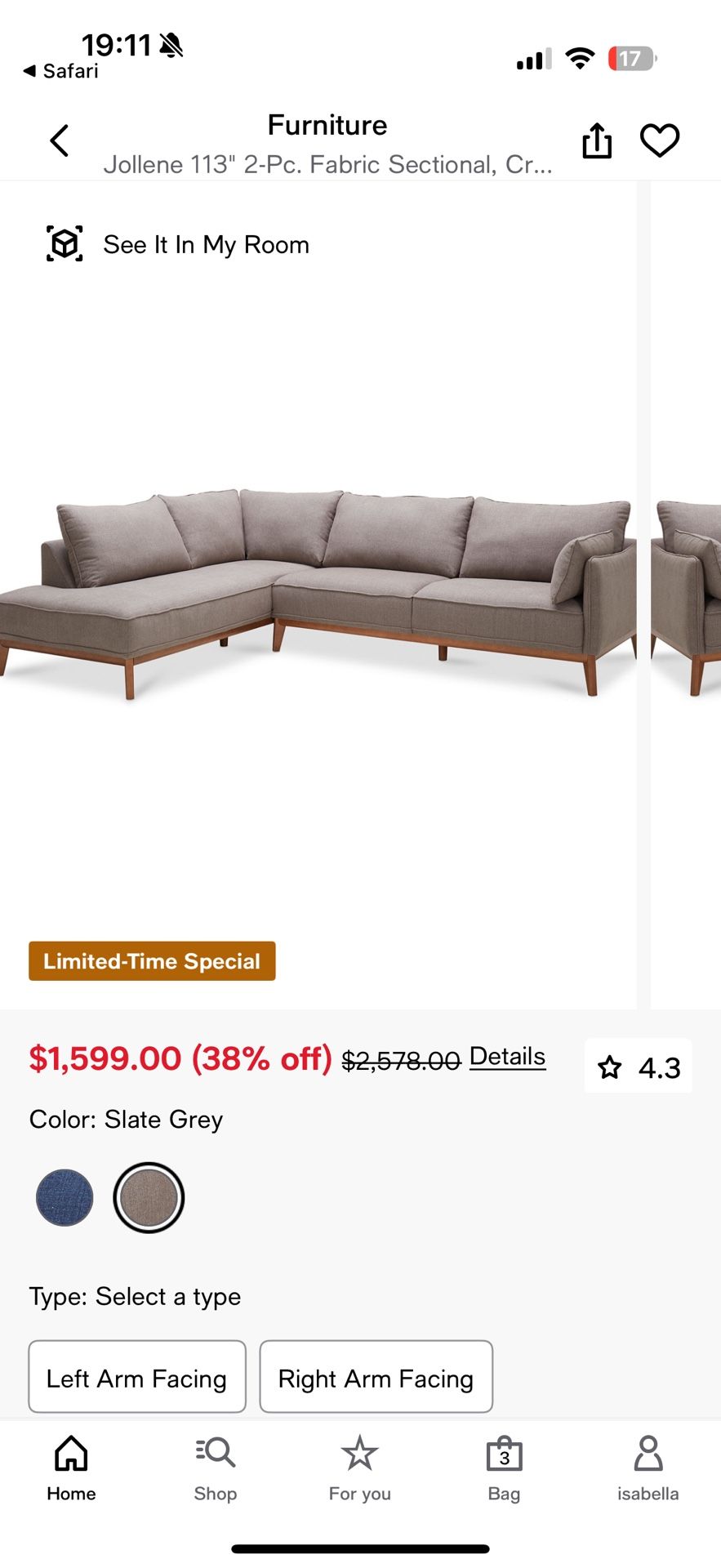 🛋️ Macy’s Jollene 2-Piece Sectional Sofa – Slate Grey (Used, Excellent Condition)