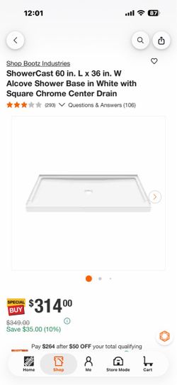 Bootz Industries ShowerCast 60 in. L x 36 in. W Alcove Shower Base in White with Square Chrome Center Drain