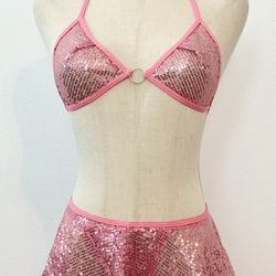 Women’s SHEIN Sequin 4-Pc Set Sparking Halter Top Skirt Thong & Gloves Pink Size One-Size 