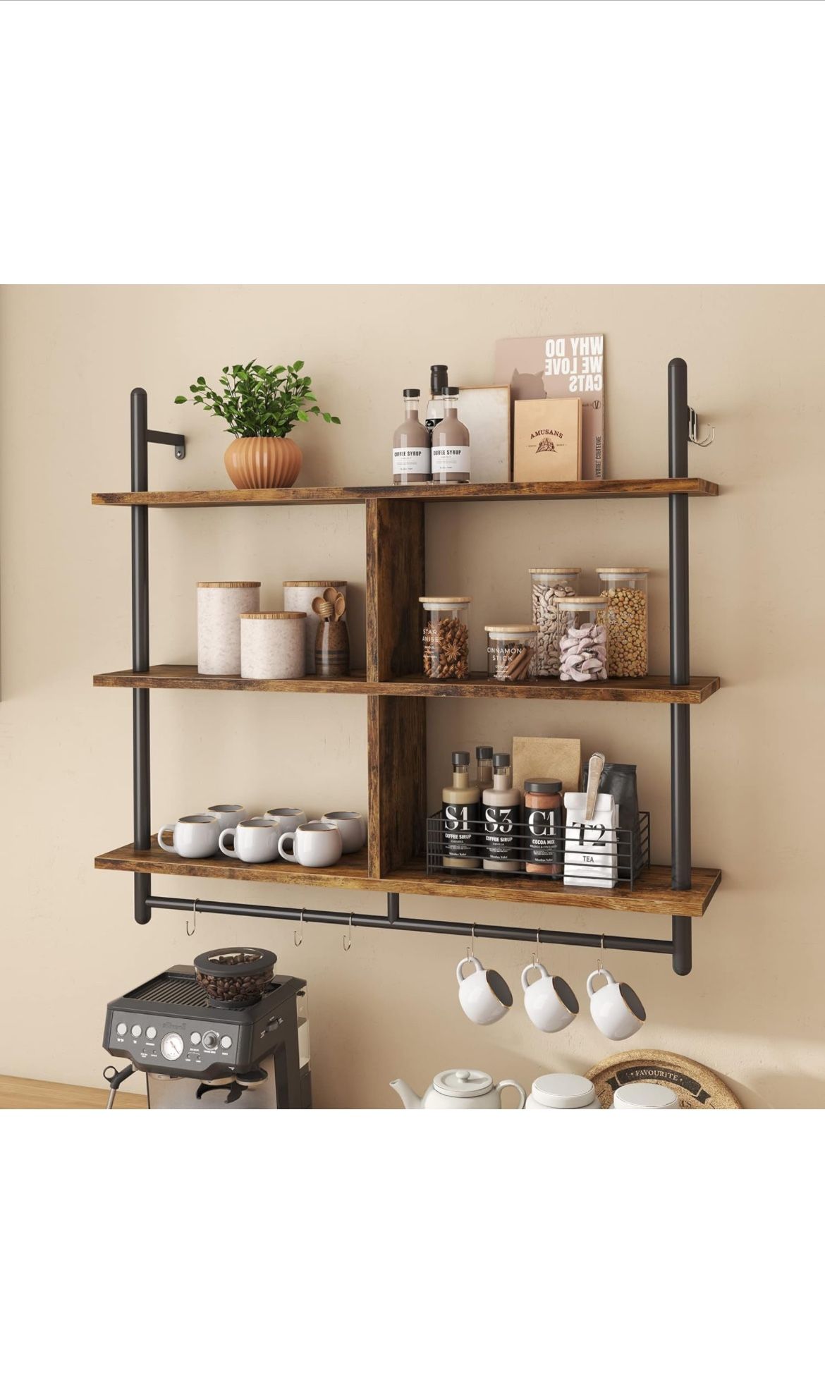 Floating Pipe Shelving Kitchen Shelves Wall Mounted 3 Tier 41.5" Ladder Coffee Bar Shelf Hanging with Circular Tube, Display Bookshelf Storage for Liv