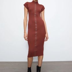 Zara ribbed hook & eye button down brick red midi dress M