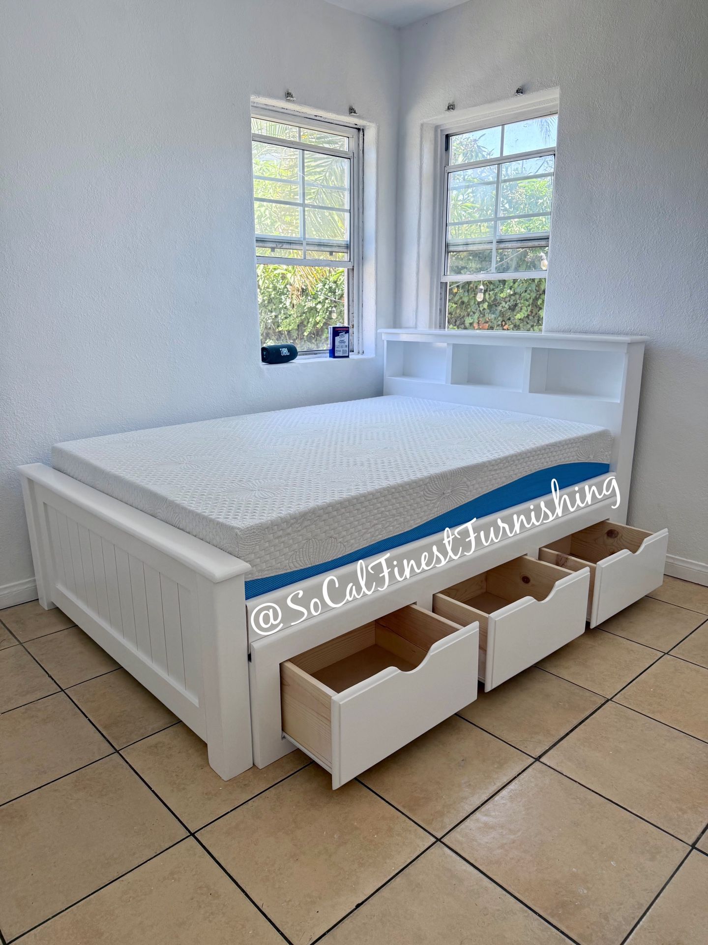 White Full Bed With Drawers And Memory Foam Mattress